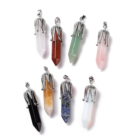 Natural & Synthetic Gemstone Big Pendants, with Platinum Tone Brass Findings, Cadmium Free & Lead Free, Bullet with Leaf, 53.5~57x14~15x14~15mm, Hole: 7x4mm