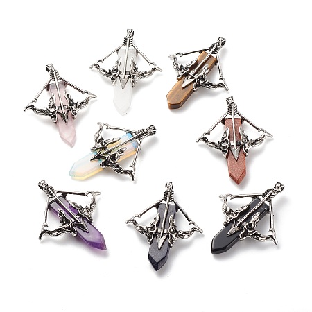 Natural & Synthetic Gemstone Big Pendants, with Antique Silver Tone Alloy Findings, Cadmium Free & Lead Free, Faceted, Bow with Arrow & Sword, 65x54.5x11mm, Hole: 4x7mm