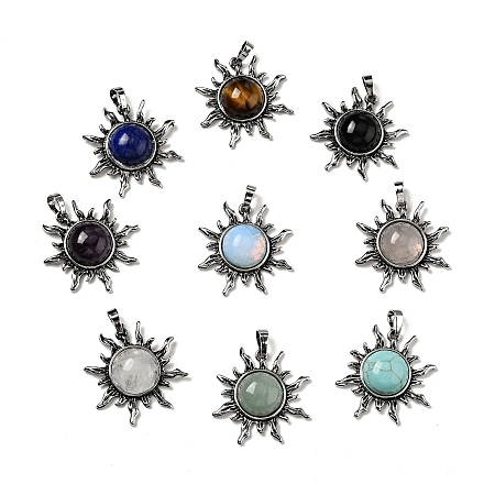 Natural & Synthetic Gemstone Pendants, Sun Charm, with Antique Silver Tone Alloy Findings, Mixed Dyed and Undyed, 32~33x32~32.5x8~8.5mm, Hole: 5x8mm