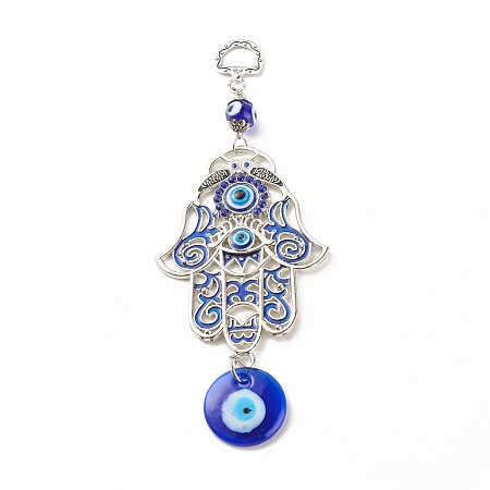 Honeyhandy Glass Turkish Blue Evil Eye Pendant Decoration, with Alloy Hamsa Hand/Hand of Miriam Design Charm, for Home Wall Hanging Amulet Ornament, Antique Silver, 180mm, Hole: 13.5x10mm