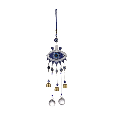 Honeyhandy Alloy Turkish Blue Evil Eye Pendant Decoration, with Bell & Crystal Prisms, for Home Wall Hanging Amulet Ornament, Antique Silver, 420mm