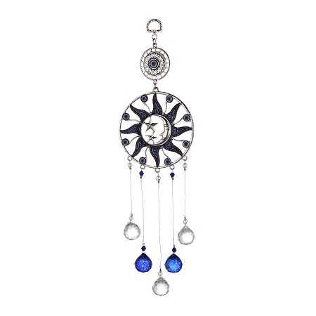 Honeyhandy Alloy Flat Round & Sun & Moon Turkish Blue Evil Eye Pendant Decoration, with Crystal Ceiling Chandelier Ball Prisms, for Home Wall Hanging Amulet Ornament, Antique Silver, 325mm, Hole: 10mm