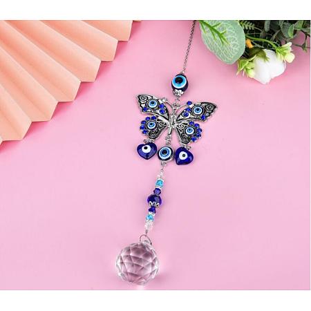 Honeyhandy Alloy Butterfly Turkish Blue Evil Eye Pendant Decoration, with Crystal Prisms Balls, for Home Wall Hanging Amulet Ornament, Antique Silver, 350mm