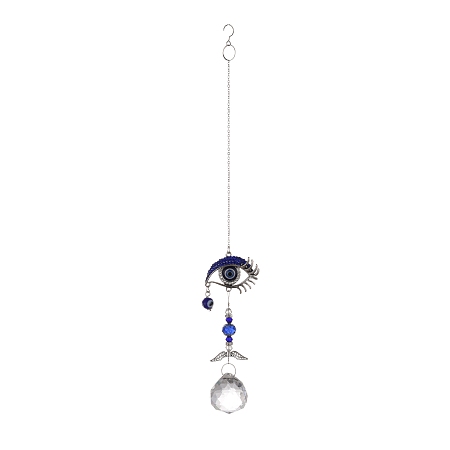 Honeyhandy Alloy Eye Turkish Blue Evil Eye Pendant Decoration, with Crystal Ceiling Chandelier Ball Prisms, for Home Wall Hanging Amulet Ornament, Antique Silver, 305mm