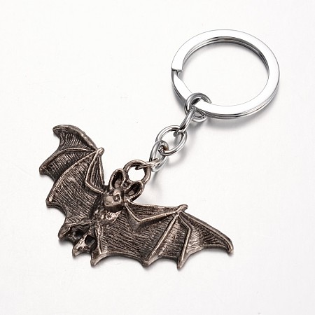 Honeyhandy Bat Alloy Keychain, with Iron Chain and Rings, Antique Silver, 82mm