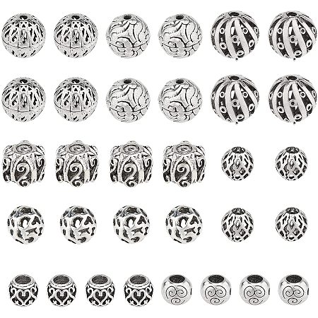 NBEADS 32 Pcs Antique Round Brass Beads, Silver Filigree Beads Loose Spacer European Beads Hollow Ball Guru Beads for Jewelry Making