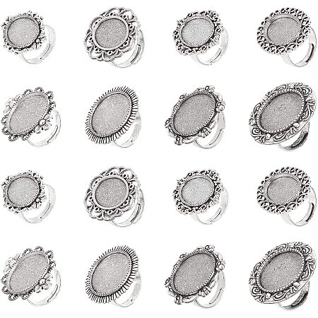 SUNNYCLUE 16Pcs 8 Styles Antique Silver Adjustable Blank Flower Cabochon Ring Settings Flat Ring & Oval Ring Components Bezel Setting Trays for Women DIY Ring Jewellery Making Crafts