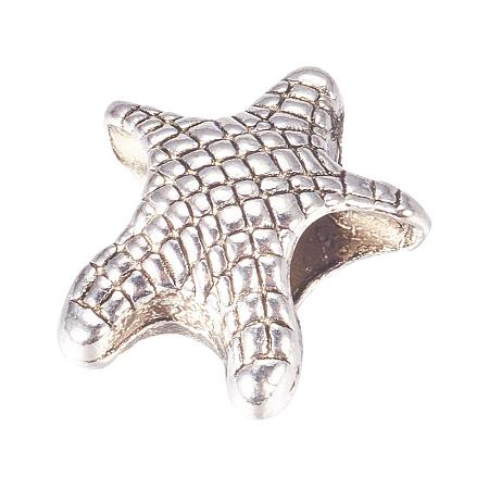 NBEADS 100PCS Alloy Starfish European Beads Large Hole Beads for Jewellery Making, Antique Silver, 14x12.5x7mm, Hole: 5mm