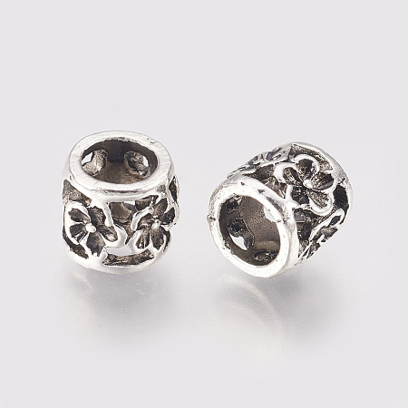 Honeyhandy Hollow Alloy Beads, Large Hole Beads, Column with Flower, Antique Silver, 9.5x8.5mm, Hole: 6mm