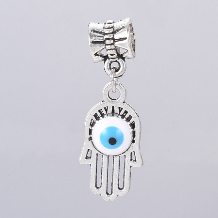 Honeyhandy Antique Silver Plated Alloy European Dangle Charms, Large Hole Pendants, with Enamel, Hamsa Hand/Hand of Fatima/Hand of Miriam with Evil Eye, White, 31mm, Hole: 5mm, Hamsa Hand: 21x11x3mm