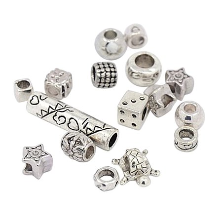 NBEADS 500 g Tibetan Style European Beads, Large Hole Beads, Mixed Shape, Mixed Style, Antique Silver, 6~13x8~14x6~12mm, Hole: 4~9mm