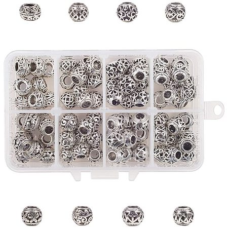 NBEADS 80 Pcs Tibetan Style Alloy European Large Hole Spacer Beads, 8 Types of Rondelle Metal Spacer Bead Charms Large Hole Loose Connector Beads for Bracelet Necklace Jewelry Making, Antique Silver