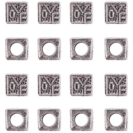 NBEADS 1 Box About 30 Pcs Alloy European Beads with 5mm Hole, Cube with Word Love Metal Spacer Bead Charms Large Hole Loose Connector Beads for Bracelet Necklace Jewelry Making, Antique Silver