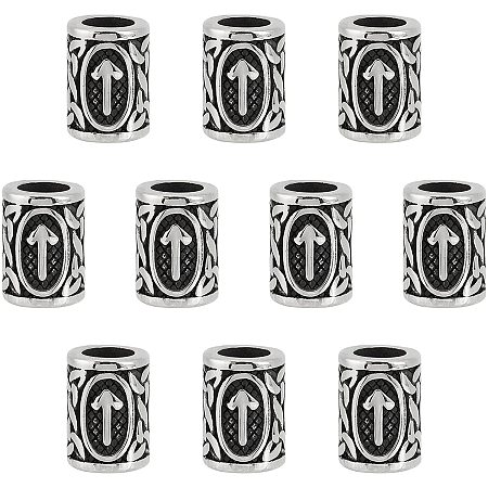 UNICRAFTALE 10pcs 10mm Column with Runes European Beads Stainless Steel Loose Beads Large Hole Bead Finding for DIY Bracelets Necklaces Jewelry Making, Antique Silver