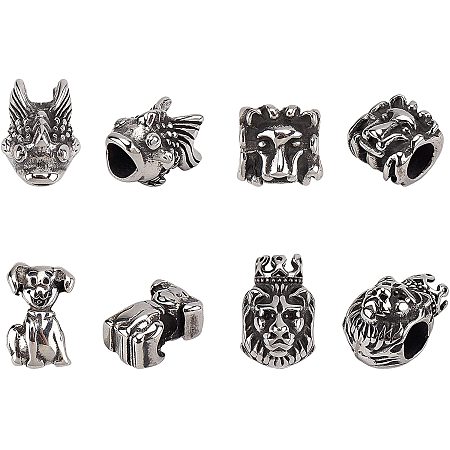 UNICRAFTALE 8pcs Lion/Goldfish/Dog/Lion with Crown European Beads Stainless Steel Loose Beads 5-6mm Large Hole Bead Findings Antique Silver Animal Bead for DIY Jewelry Making