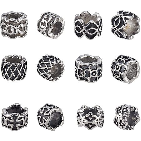 UNICRAFTALE About 12pcs 6 Mixed Shape European Beads Stainless Steel Loose Beads 6mm Large Hole Bead for DIY Bracelets Necklaces Jewelry Making Antique Silver