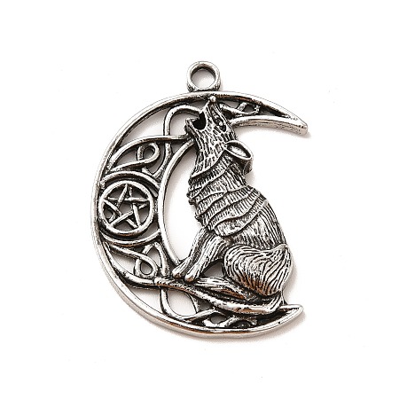 Honeyhandy Tibetan Style Alloy Pendants, Moon with Wolf Charm, Antique Silver, 40.5x30x5.5mm, Hole: 3.1mm