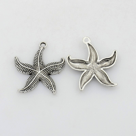 Zinc Alloy Pendants, Starfish/Sea Stars, Antique Silver, 26x23.5x3mm,  Hole: 2mm