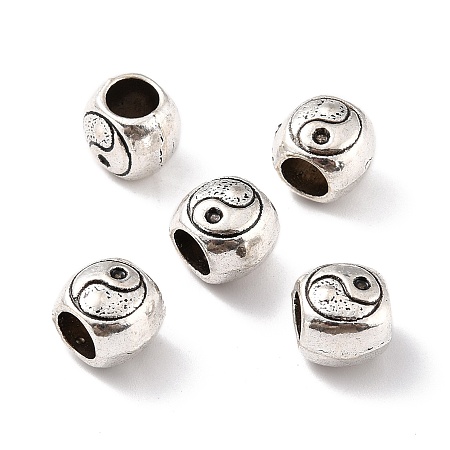 Honeyhandy Alloy Beads, Large Hole Beads, Flat Round with Yin Yang Pattern, Antique Silver, 8.5x10x8.5mm, Hole: 5mm