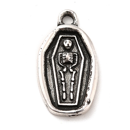 Honeyhandy Tibetan Style Alloy Pendants, Halloween, Oval Coffin with Skull Charm, Antique Silver, 20x11x2.1mm, Hole: 1.8mm