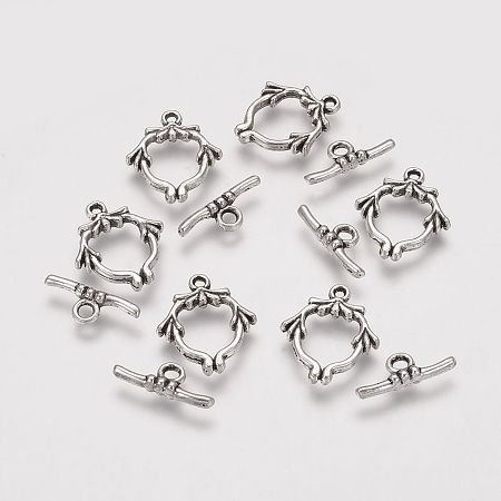 ARRICRAFT Tibetan Style Alloy Toggle Clasps, Flower, Antique Silver, 19x16x2mm, Hole: 1.5mm, 17x6x3mm, Hole: 2mm