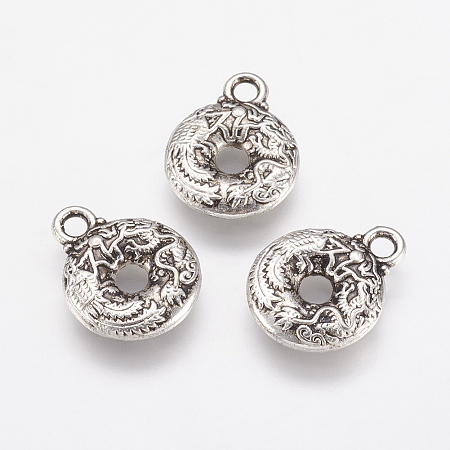 Honeyhandy Alloy Charms, Disc with Dragon, Antique Silver, 15x12x2.5mm, Hole: 2mm