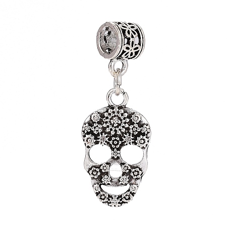 Honeyhandy Tibetan Style Alloy European Dangle Charms, Large Hole Beads, Skull, Antique Silver, 36mm, Hole: 5mm, Pendant: 23x13x2mm