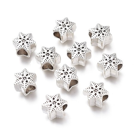 Honeyhandy Alloy European Beads, Large Hole Beads, Snowflake Shape, Antique Silver, 10x9x6.5mm, Hole: 4mm