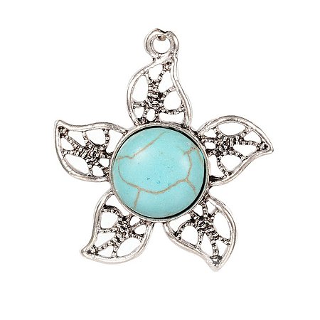 NBEADS 10 Pcs Flower Alloy Synthetic Turquoise Pendants, Antique Silver, 31x29x6mm, Hole: 2mm