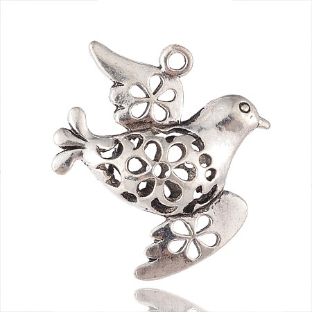 Filigree Tibetan Style Alloy Peace Dove Pendants, Antique Silver, 35x31x7mm, Hole: 2mm