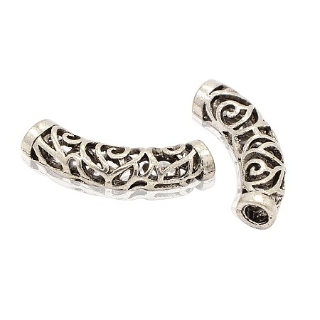 Honeyhandy Tibetan Style Alloy Curved Tube Beads, Curved Tube Noodle Beads, Hollow, Antique Silver, 7x32mm, Hole: 4mm