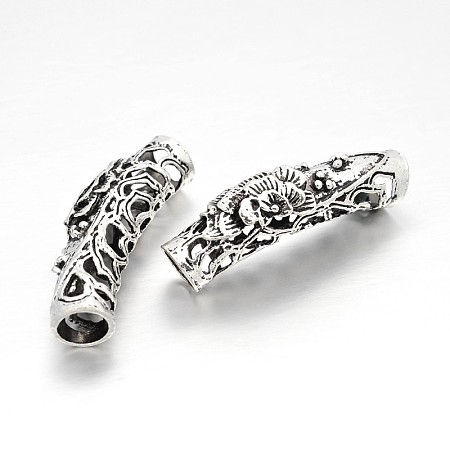Honeyhandy Tibetan Style Alloy Hollow Curved Tube Beads, Curved Tube Noodle Beads, Antique Silver, 46x10x15mm, Hole: 8mm