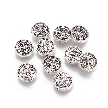 Honeyhandy Tibetan Style Alloy Beads, Flat Round, Saint Benedict, with Word CssmlNdsmd, Antique Silver, 10x10.3x2.4mm, Hole: 1.2mm
