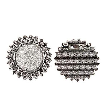 ARRICRAFT 100pcs Flat Round Tray Antique Silver Vintage Alloy Brooch Cabochon Bezel Settings with Iron Pin Brooch Back Bar Findings