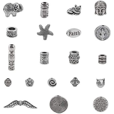 NBEADS 150g Tibetan Style Alloy Beads, 20 Random Mixed Kinds of Antique Silver Column Spacer Beads Metal Barrel Tube Flower Loose Beads Jewelry Crafting Supplies for DIY Necklace Bracelet Making