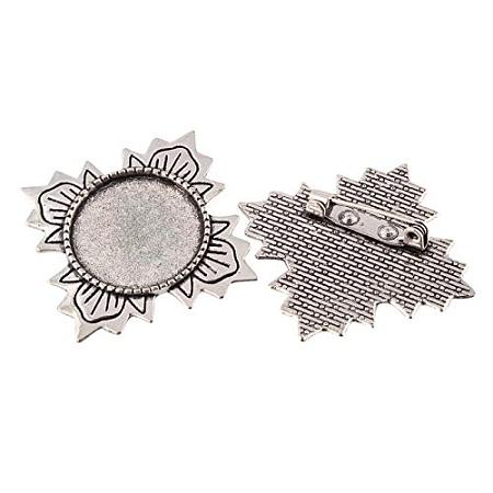 ARRICRAFT 100pcs Flat Round Tray Antique Silver Vintage Alloy Flower Brooch Cabochon Bezel Settings with Iron Pin Back Bar Findings