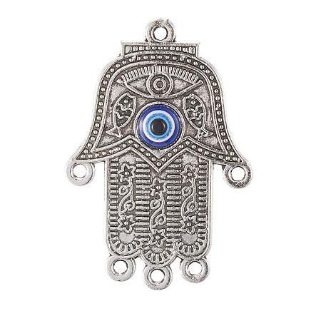 ARRICRAFT 5 pcs Tibetan Style Hamas Hand Shape Alloy Chandelier Components Metal Links with Evil Eye Resin Cabochons for Earring Pendant DIY Jewelry Making, Antique Silver