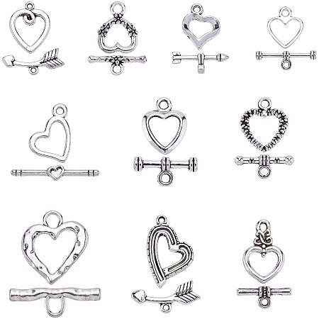 Pandahall Elite 9 Sizes 80 Sets Heart Toggle Clasps Tibetan Antique Silver Heart Clasp Connectors Findings of DIY Jewelry Accessories for Necklace Bracelet Making