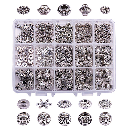 PandaHall Elite 1 Box 350 PCS 15 Style Antique Silver Tibetan Alloy Spacer Beads Jewelry Findings Accessories for Bracelet Necklace Jewelry Making