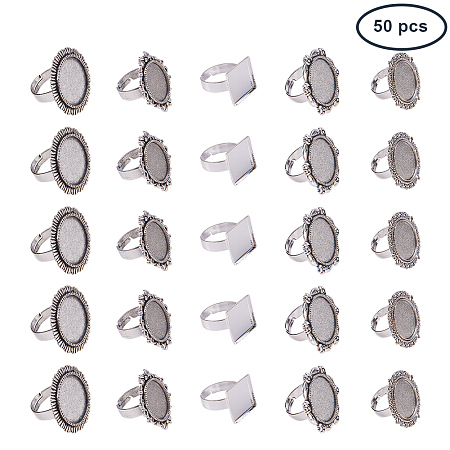 PandaHall Elite 50PCS Antique Silver Round Cabochon Rings Settings Finger Ring Components Iron Cabochon Bezel Settings for Ring Making (5 styles)