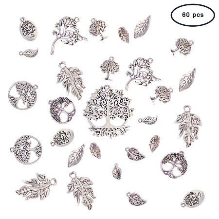 PandaHall Elite 60 Pcs Tibetan Style Alloy Tree of Life and Leaf Dangle Charms Pendants 12 Style for Jewelry Making Antique Silver