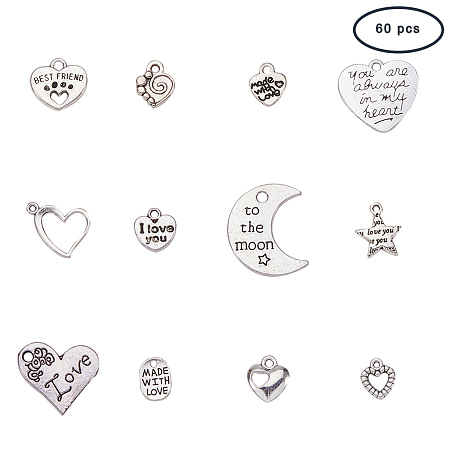 PandaHall Elite 60 Pieces 12 Style Antique Silver Tibetan Alloy Heart Theme Charms DIY Jewelry Making