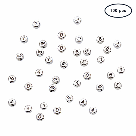PandaHall Elite 100PCS Antique Silver Number 0-9 Beads Charms Flat Round Alloy Number Oblate Beads DIY Bracelets Necklaces Jewelry Making