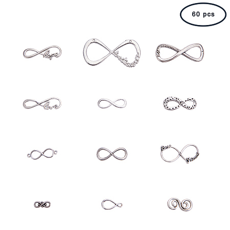PandaHall Elite 60 Pcs Tibetan Style Alloy One Direction Infinity Symbol Connectors Link Charms Pendants 12 Styles for DIY Bracelet Necklace Jewelry Making Accessories Antique Silver