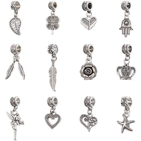 PH PandaHall 48pcs 12 Styles Dangle Spacer Beads European Dangle Beads Heart Wing Feather Crown Leaf Large Hole Pendants Connectors Bails Beads for European Charm Bracelet Pendant Jewelry Making