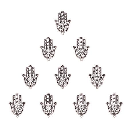 SUNNYCLUE 1 Box 10pcs Thai Sterling Silver Plated Alloy Hamsa Hand of Fatima Charms Pendants Connector 34.5x24mm for DIY Crafting Bracelet Necklace Jewelry Making Findings Accessories, Matte Silver
