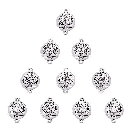 SUNNYCLUE 1 Box 10pcs Thai Sterling Silver Plated Alloy Tree of Life Charms Pendants Connector Links 27x20mm Flat Round for DIY Jewelry Making Craft Findings, Matte Style