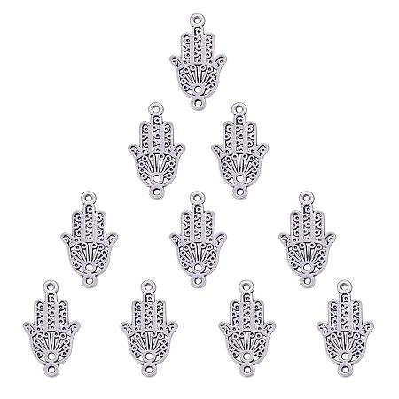 SUNNYCLUE 1 Box 10pcs Thai Sterling Silver Plated Alloy Hamsa Hand of Fatima Connector Findings Charms Pendants 27x15.5mm for DIY Crafting Bracelet Necklace Jewelry Making Findings Accessories
