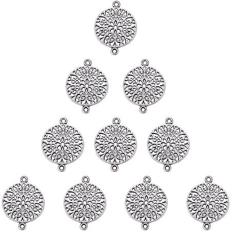 SUNNYCLUE 1 Box 10pcs Thai Sterling Silver Filigree Flat Round Wrap Connector Charms(2 Hole) 24.5x18mm for DIY Jewelry Making Findings Accessory Craft Supplies Nickel Free