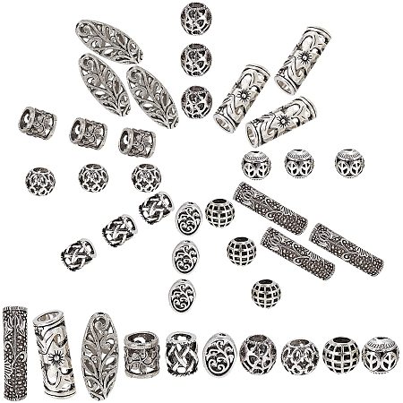 SUNNYCLUE 1 Box 40Pcs 10 Styles Tibetan Hollow Tube Bead Alloy Antique Silver Curved Noodle Loose Bead Long Spacers Large Hole for Jewelry Making Necklace Bracelet Craft Findings